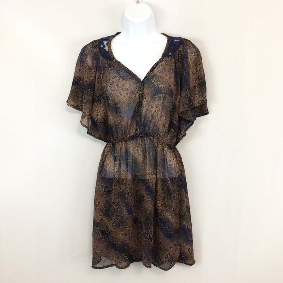 Xhilaration‎ Semi Sheer Blue Brown Lace Print Casual Dress, Size Small - Picture 1 of 6